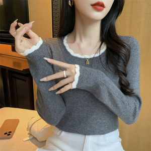 Chic Short Knitted Sweater Womens Base Layer Shirt Stylish Autumn Fashion Inner Wear Embellished with Wood Grain Edge Trendy
