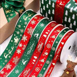 YESPERY 22/45m Christmas Ribbon Gold Snowflake Printed Christmas Polyester Ribbon For Handmade Design Christmas Decoration DIY Gift Wrapping