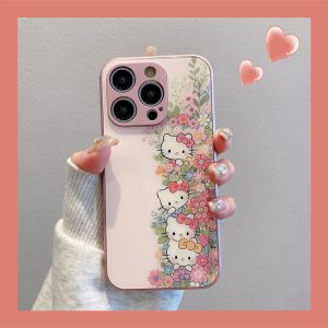 Cute Cartoon Hello Kitty Tempered Glass Phone Case for iPhone 16 17 Apple 15 pro Max 14 13 Compatible with Huawei Xiaomi