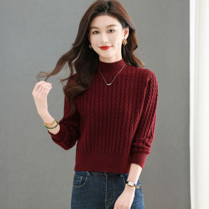 เสื้อสเวตเตอร์คอสูงสั้นสำหรับผู้หญิง ฤดูใบไม้ร่วง/ฤดูหนาว สีแดง เสื้อชั้นในแบบสวมหัว แขนยาว ปกติ อบอุ่น โพลีเอสเตอร์ 100%