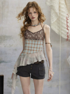 unifree | Plaid Small Floral Print Light Weight Retro Boho Asymmetric Spaghetti Strap Blouse