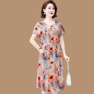 ฤดูร้อน ใหม่ หลวม แขนสั้นพอดี ผ้าฝ้าย ผ้าไหม เดรส สําหรับผู้หญิงวัยกลางคนประดิษฐ์ ผ้าฝ้าย กระโปรงคลุมท้อง ทันสมัย