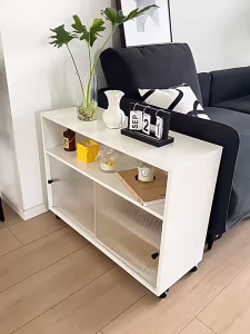 HOGO 【With Universal Wheels】Movable Wooden Storage Cabinet Kitchen Sideboard Living Room Side Table Dustproof Bedroom Bedside Storage Stand