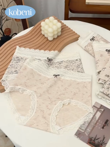 KOBENI สไตล์ฝรั่งเศส กางเกงชั้นในผ้าฝ้ายสำหรับผู้หญิง เป้ายาวป้องกันแบคทีเรีย ลูกไม้ กางเกงชั้นในทรงกลาง