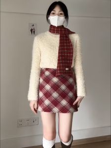 Woolen Gingham Skirt High Waist Short Skirt Womens Small Autumn Matching Sweater A- line Skirt Check Skirt Bodycon Dress