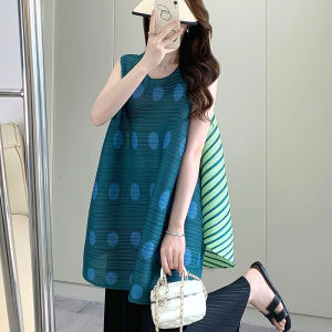 Loose plus Size Sleeveless Womens T-Shirt Summer New Design Pleated Striped Vest Thin Polyester round Neck Mid-Length Top