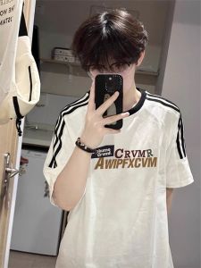 Pure Cotton Heavyweight American Hip Hop Trendy Brand round Neck Striped Three Bars Short Sleeve Loose Fit Summer T-Shirt for Men