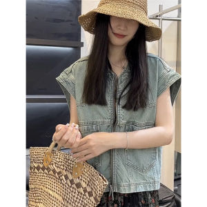 High-End Denim Vest Womens Summer New Design Loose Outerwear Short Sleeve Top Fashionable Button Cotton Polyester Blend