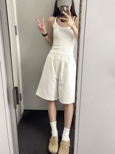 กางเกงขาสั้นทรงเอสีขาวสำหรับผู้หญิง กางเกงขายาวทรงหลวมสบาย ๆ สำหรับฤดูร้อน กางเกงขายาวทรงเอสีขาวสำหรับใส่ทำงาน