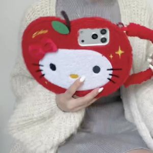 Sanrio | Korean Cute Bowknot Hello Kitty Fur Flip Phone Case For iPhone 17 16 15 14 Pro Max Plush Hand Strap Winter Warm Girls Gift Cover