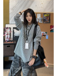 เสื้อฮู้ดแขนยาวลายกระดูกปลาสีดำขาว ทรงหลวม สำหรับผู้ชาย ฤดูใบไม้ผลิและฤดูใบไม้ร่วง สไตล์อเมริกัน ลำลอง เสื้อยืดคอกลม