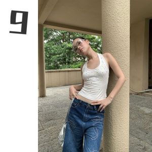 American Style Spicy Girl Neck Hanging Strap Womens Summer 2025 Heart Patch Tie Dangle C6571 Glittering Streetwear Top