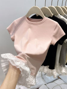 Korean Design Double Layer Lace Trim T-Shirt Womens Sweet Shoulder Short Sleeve Inner Wear Skirt Curtain Pink Layering Top