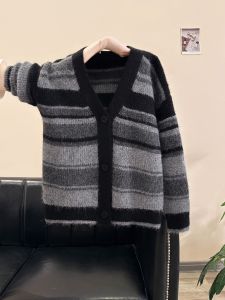 Retro Striped Knit Sweater Jacket Womens Autumn Winter Loose Outerwear V-Neck Button up Warm Thickened Outer Layer Top