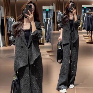 Fashionable Womens Two-Piece Set Starry Sky Shiny Diamond Suit Jacket Wide Leg Pants Spring Autumn New Arrival Breathable