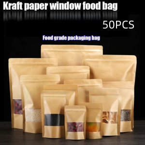 50pcs Brown Kraft Stand Up Pouch Plastic Paper Bag Packaging with Window