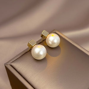 Mặt bông tai ngọc trai kim loại hình vuông tối giản thời trang nữ