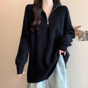 เสื้อสเวตเตอร์คอปกปิดซิปครึ่งตัวสีแดง ทรงหลวม แขนยาว ปกโปโล สำหรับผู้หญิง ฤดูใบไม้ผลิ ฤดูใบไม้ร่วง ฤดูหนาว เสื้อผ้าทำงาน