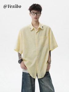 VESIBO | Plaid Bubble Gauze Short Sleeve Shirt Retro