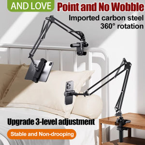 Bergegar Lengan panjang Pemegang Telefon Malas dengan Long arm Lazy Phone Holder with Three-Section Adjustable Rod Universal Phone and Tablet stand holder 360° Rotating  Adjustment Long-Distance Operation from Bedside or Desk iPad Tablet Holder平板和手机支架