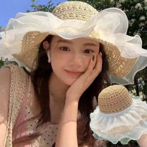 หมวกชายทะเลวันหยุดสไตล์หวานหมวกปีกกว้างกว้างพับได้บังแดดลูกไม้ไข่มุกฟางหมวกบังแดดฤดูร้อน