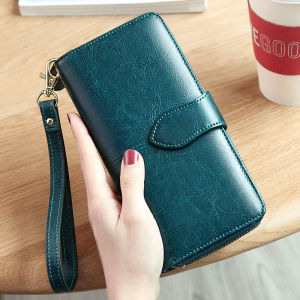 BANYANU Travel Ladies Wallet Card Holder Anti RFID Genuine Leather Coin Long Purse for Women Blue Black Color