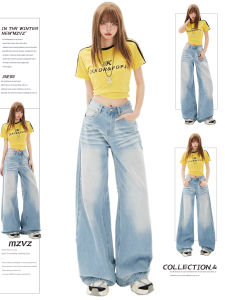 MZVZ | Quần Jeans Vintage Mỹ Nếp Nhăn Thấp Dáng Rộng Thẳng