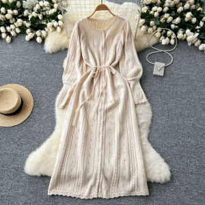 Gentle Ins Knitting Dress Womens Fall and Winter Sweet Cutout Crochet Knitting Lantern Sleeve Lace-up Waist-Controlled Long Dress