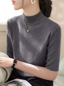 Autumn Knitted Base Shirt Womens plus Size Half High Collar Five Sleeve mid Sleeve Warm Thermal Solid Color Inner Wear Top