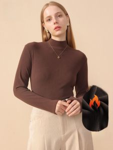 MiiOW | Áo len dệt kim dài tay cổ cao thời trang thu đông mới cho nữ màu nâu sọc kẻ trơn chất liệu polyester và lycra thường ngày