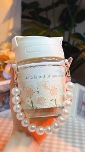 Elegant Gift Pearl Chain Coffee Tea Drinking Cup Hot Cold with Straw Glass Mug 高贵珍珠链咖啡饮料杯