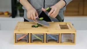 Bamboo Cutting Board With 4 Drawer Tray and 4 Graters Modern Home Chopping Board Vegetables Fruits Cutter and Slicer Potatoes Fries Cutter Food Storage Utensils Set