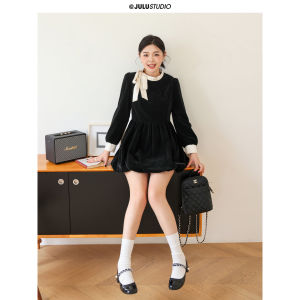 Alice Princess Style Velvet Dress with Satin Collar Patchwork Elegant Ladylike Feel Long Sleeve Winter Fashion Womens Dress