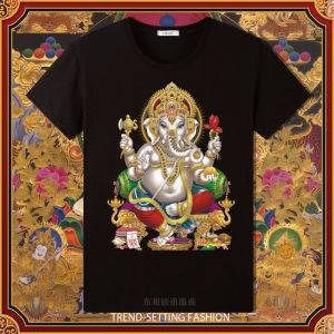 Auspicious Buddha Statue Print Mens and Womens Same Classy Cotton Pure Short-Sleeved T-shirt Mens Plaid round Neck Cotton Base Shirt