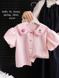 Trendy Summer New Girls Shirt Doll Collar and Lace Puff Sleeves