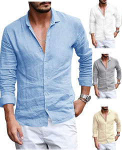 2025 Mens Cotton And Linen Button-up Vintage Casual Long Sleeve Wide Corner Lapel Lightweight Breathable Beach Solid Shirt