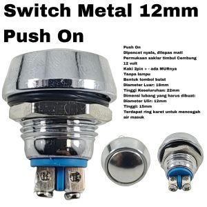 Switch Metal 12mm Push On 2 Pin Saklar Stainless 12 mm Tombol 12v Momentary Kaki Baut