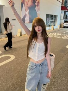 VKSOD | Korean Design Sense Button Backless Sleeveless Vest Women Summer 2025 American Hot Girl Denim Pants Two Piece Set Round Neck