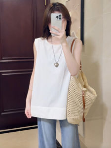BINKAFENNY | Summer Slimming White Round Neck Vest Womens Loose Fit T-Shirt Cover Belly Sleeveless Top Comfortable Breathable Casual Wear