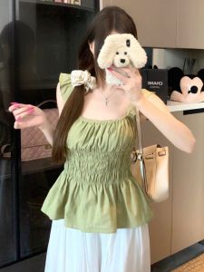 GUZILIAN | Summer Elegance Short Sleeve Fly Sleeve Waist Cinched Top Pure Color Trendy Slimming Versatile Strap Vest Womens Fashion