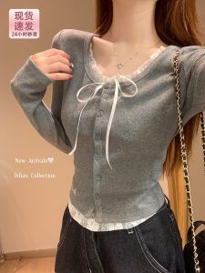 เสื้อยืดคอกลมแขนยาวผู้หญิง ผ้าผสมคอตตอน วิสโคส ยืดหยุ่น สีเทา ฤดูใบไม้ร่วง ฤดูหนาว ชั้นใน เสื้อเชิ้ต เสื้อคลุมเปิด