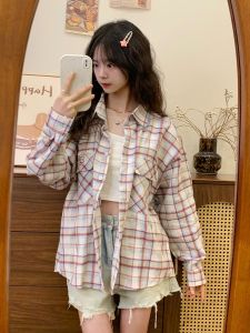 Kreamy Universe Embroidered Letter Plaid Pocket Shirt Jacket Womens Preppy Long Sleeve Top Spring Autumn New Style Korean Version