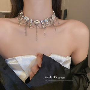 Exaggerated Diamond Embellished Tassel Necklace Elegant Minimalist Choker INS High-End Cold Sensation Womens Fashion Jewelry