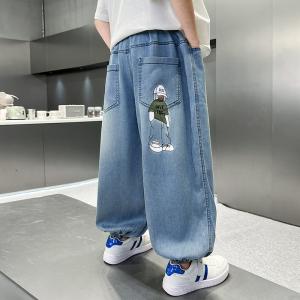 Childrens Mosquito-Resistant Summer Thin Denim Pants Cartoon Print Trendy Cuffed Trousers Breathable Long Pants for Ages 2-18