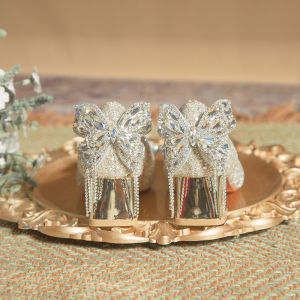 Crystalline Bridal Shoes with Bowknot And Chunky Heel for Women Elegant Fashionable Wedding Footwear Ultrafine Fiber Lined
