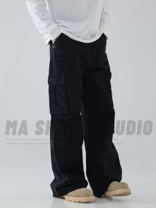 American Style Mens Casual Cargo Pants High Waist Wide Leg Pants Pocket Design Floor Length Dungarees Spring Summer Cotton