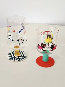 Cute Hand-Painted Bear Dog Glass Goblet Retro Color Juice Cup Cool Drinks Cup Red Wine Glass Girls Gifts