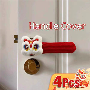 YESPERY 4Pcs Luck Lion Door Handle Cover Chinese Style New Year Knitted Silent Anti-Collision Door Handle Cover Home 2025 New Year Festival Decoration