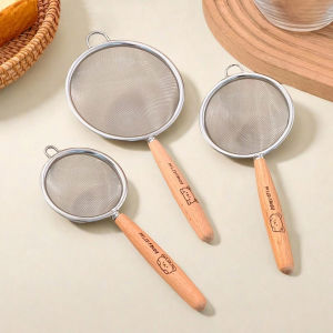 304 Stainless Steel Flour Sieve With Wooden Handle Fine Mesh Food Strainer Residue Filter Spoon Colander Kitchen Accessories