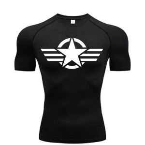 Mens Compression Fitness Sport Running Tight Gym T-Shirts Athletic Workout Quick Dry Tops Tee Summer Sweat Absorbing Tight Fit